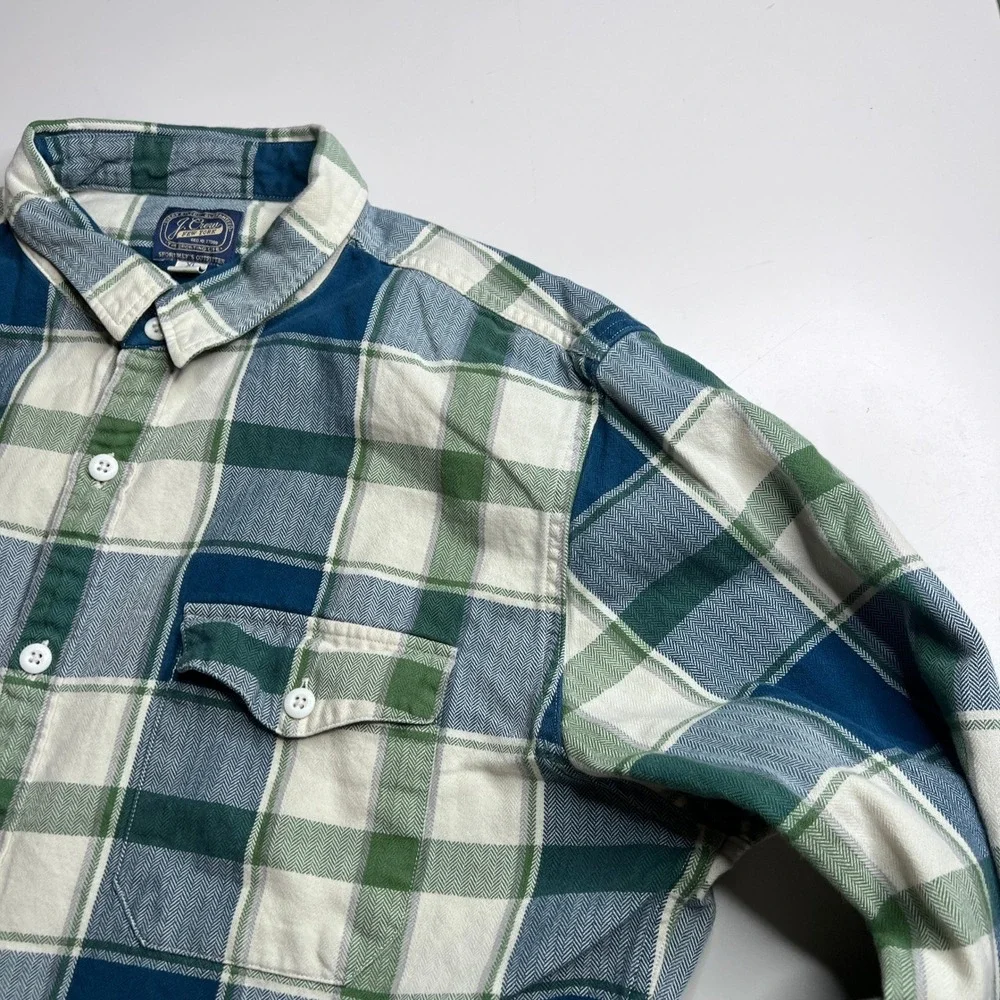 J.‎ Crew Mens XL Flannel Shirt Blue Green Herringbone Plaid Sportsmans Outfitter